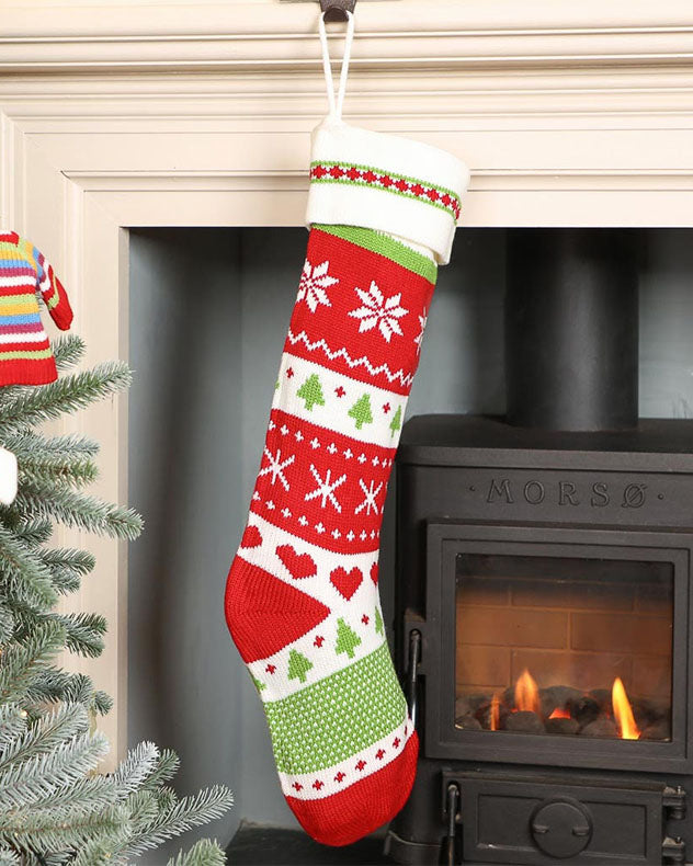 Christmas Stocking Extra Large Knitted Effect Red, Green & White Fair Isle Traditional Style Mantelpiece Festive Xmas Gift Stocking