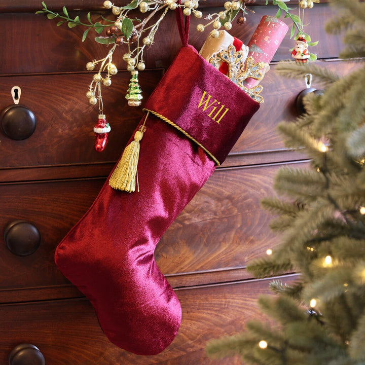 Personalised Christmas Stocking Velvet Custom Vintage Style Fireplace Mantelpiece Gift Present Sack Stocking with Hanging Tassel Decoration