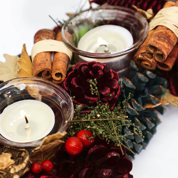 Tea Light Candle Holder Cinnamon & Dyed Pine Cone Christmas Dining Table Centrepiece Tealight Candle Lantern Seasonal Festive Home DÃ©cor