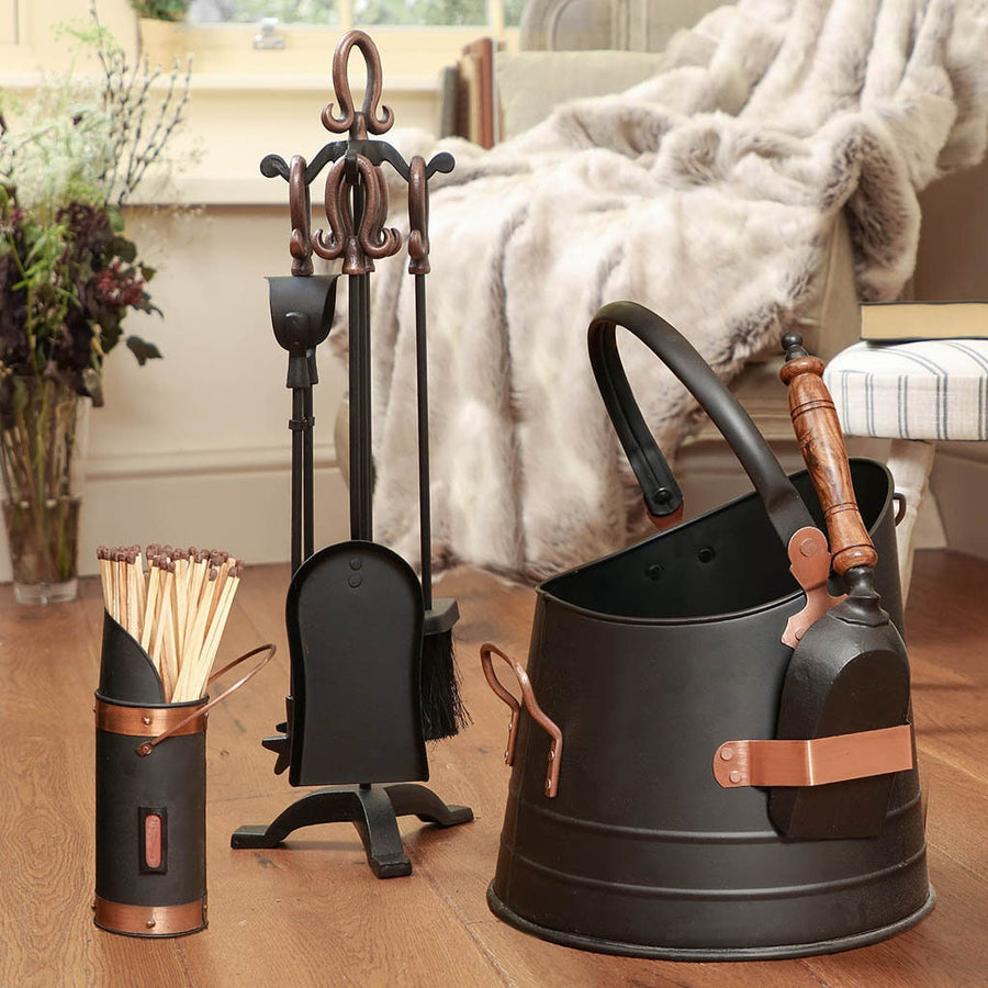 Copper Fireside Accessories Recycled Cast Iron Hand Made Kindling Bucket Coal Scuttle Matches Canister Companion Hearth Tidy Tool Set