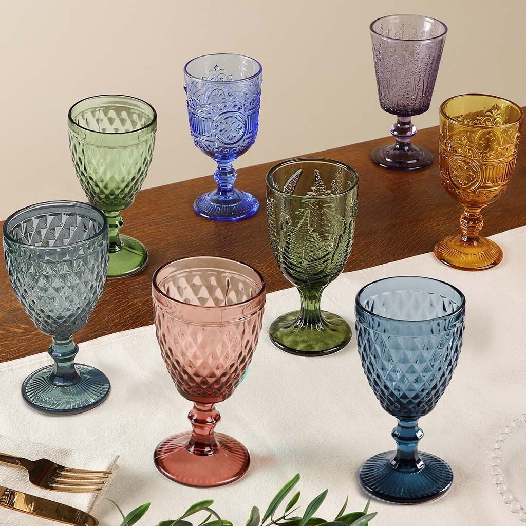 Mix and Match Embossed Wine Goblets Vintage Style Embossed Wine Glasses Dishwasher Safe Glassware Set Kitchen Dining Room Wine Glass Set