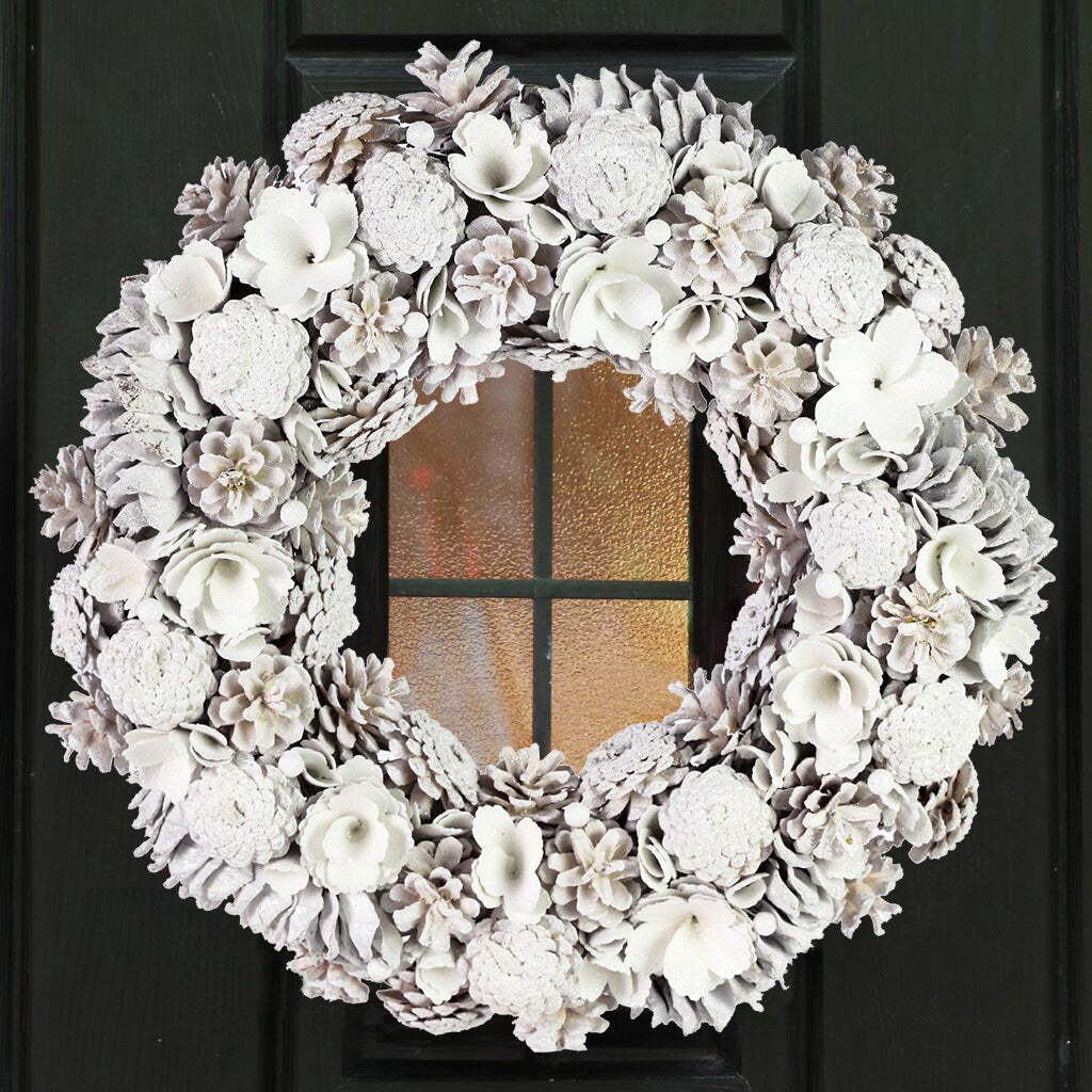 Winter Rose Pine Cone Wreath White or Red Flower & Berry Decorative Front Door Garland Rustic Country Style Home DÃ©cor