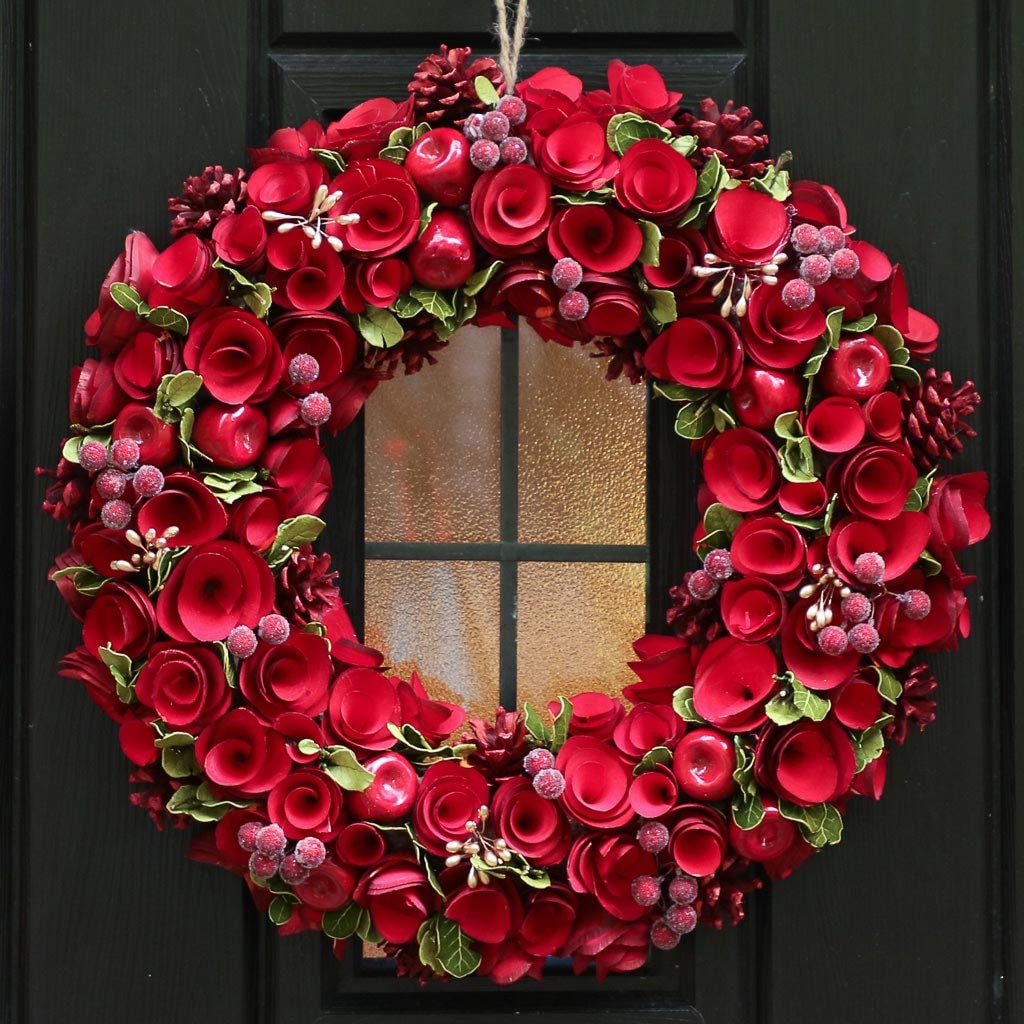 Winter Rose Pine Cone Wreath White or Red Flower & Berry Decorative Front Door Garland Rustic Country Style Home DÃ©cor