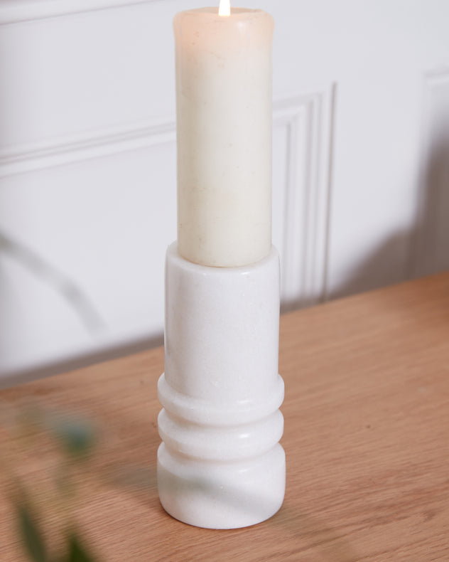 White Ribbed Marble Single Candle Holder