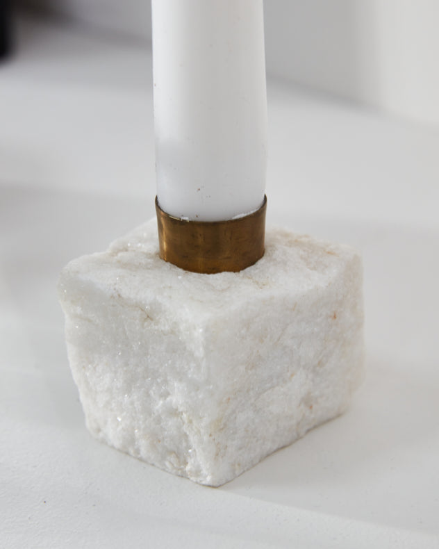 White Stone and Gold Single Candle Holder