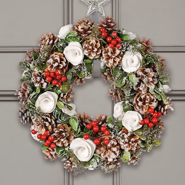 White Berries and Roses Winter Wreath 35cm