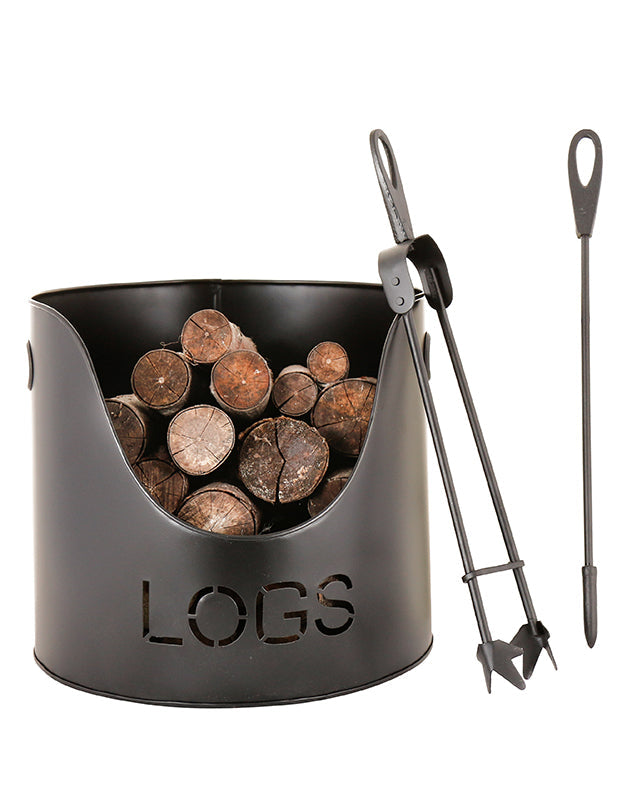 Country Fire Log Bucket with Poker and Tongs