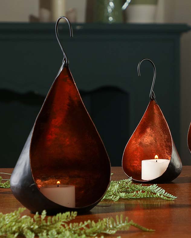 copper teardrop shaped candle holders
