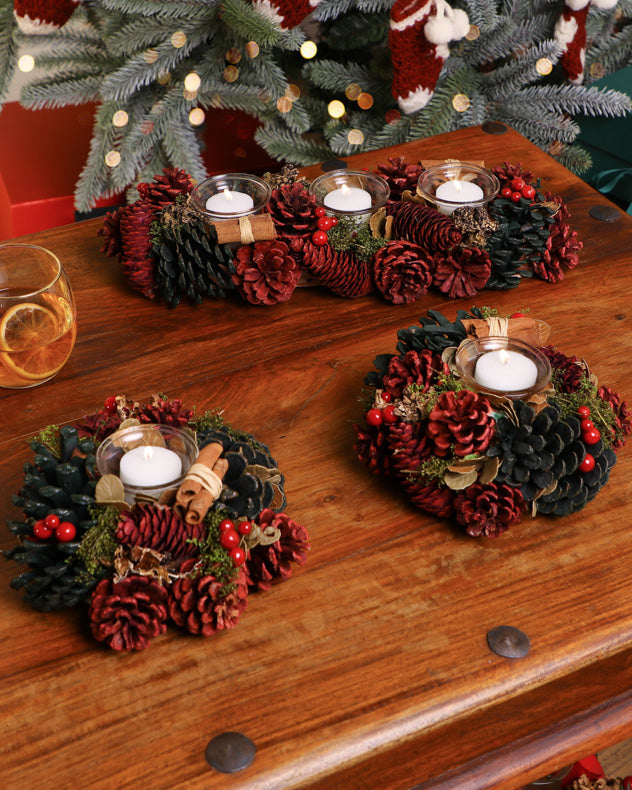 Set of 2 Cinnamon Pine Christmas Tea Light Candle Holders