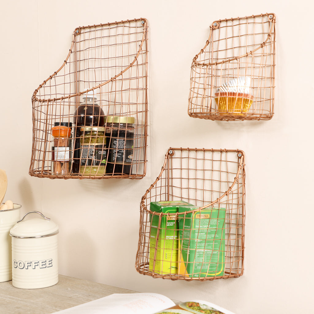 Set of 3 Wall Mounted Copper Storage Baskets