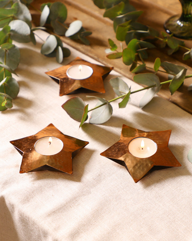 Copper Star Tea Light Holder Gift Set