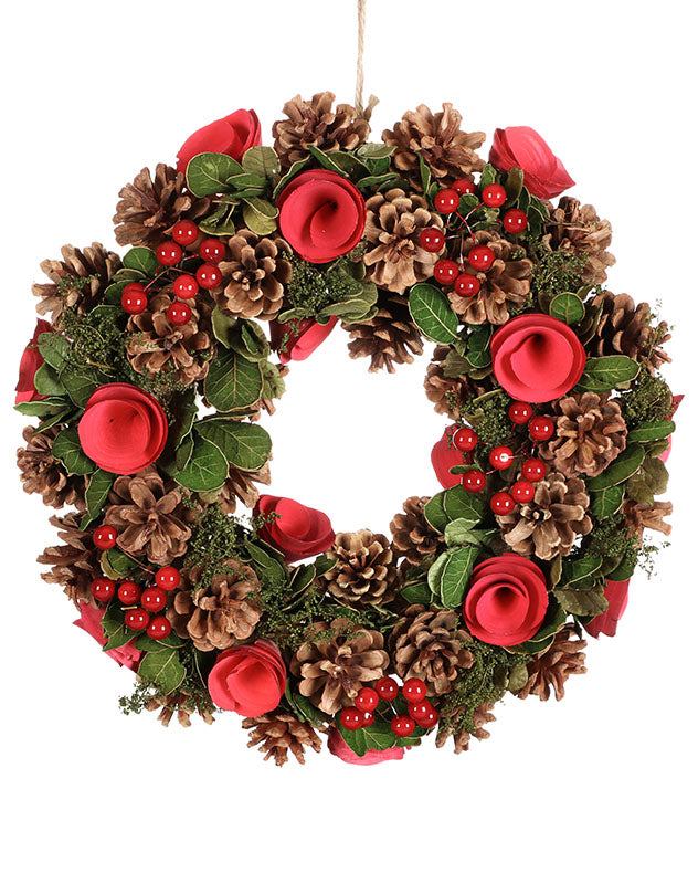 Red Rose and Pine Cone Door Wreath Decoration