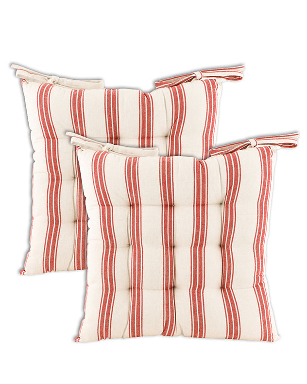 Set of 2 Red Striped Tie On Cushions