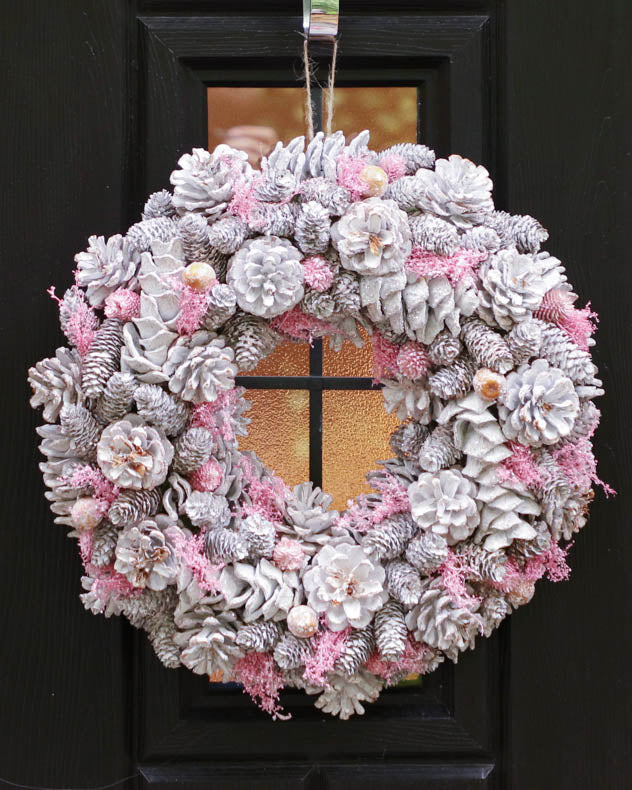 Pink & White Wood & Pinecone Wreaths - Winter Sparkle Pink Christmas Door Wreath 38cm