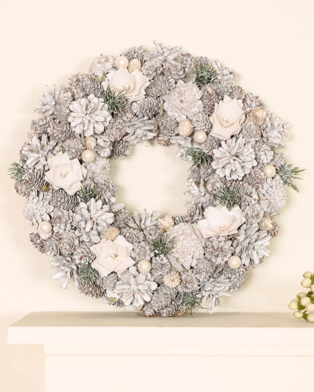 Luxury Frosted Flower and Pinecone Christmas Wreath 33cm