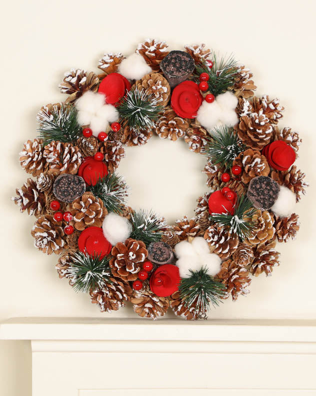 Red & White & Brown Wood & Pinecone Wreaths - Indoor Winter Snowfall Wreath 36cm