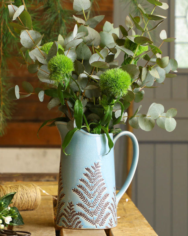 fern blue ceramic pitcher vase