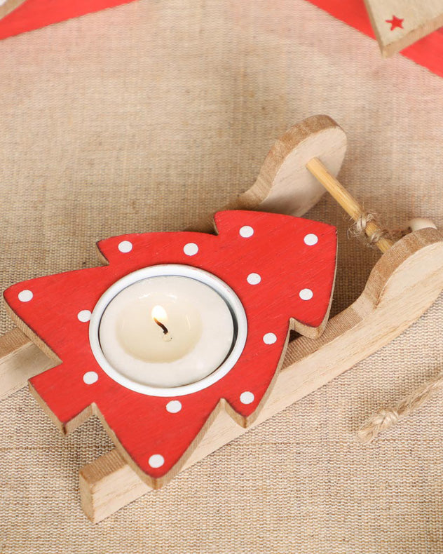 Assorted Set of 3 Red Wooden Sledge Tealight Holders