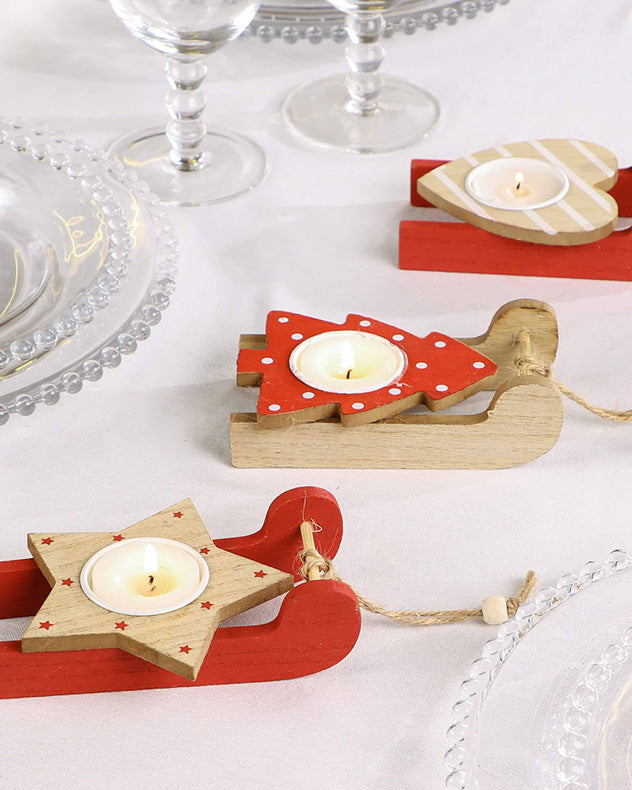 Assorted Set of 3 Red Wooden Sledge Tealight Holders