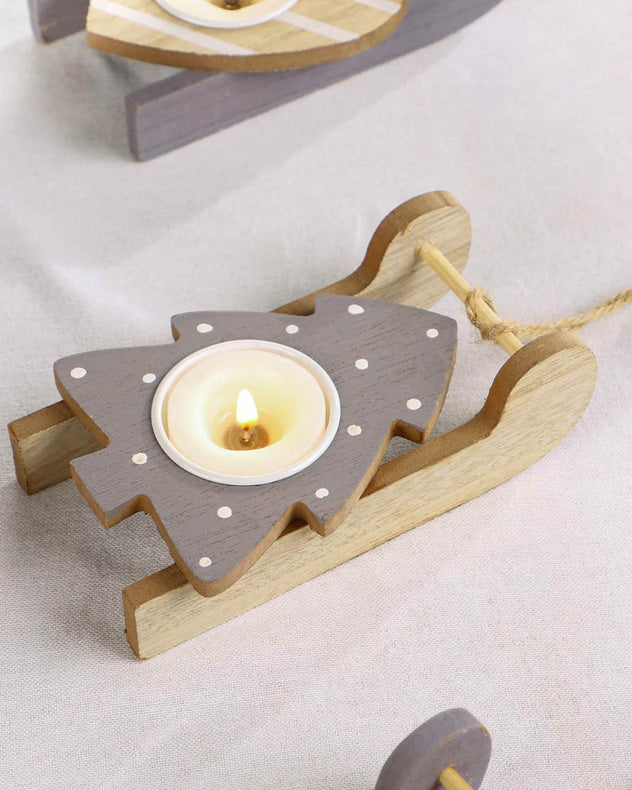 Assorted Set of 3 Grey Wooden Sledge Tealight Holders