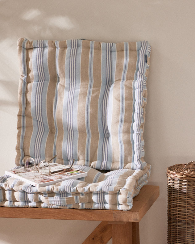 Single Blue & Brown 100% Cotton & Polyester Seat Pads - Oxford Stripe Indoor Box Cushion