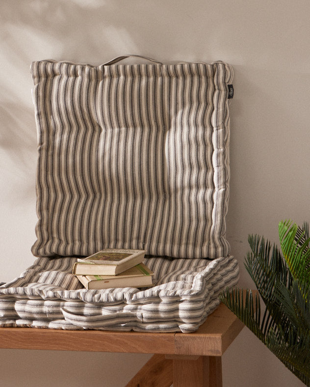 Grey 100% Cotton & Polyester Seat Pads - Set of 2 Grey Stripe Cushion Seat Pads