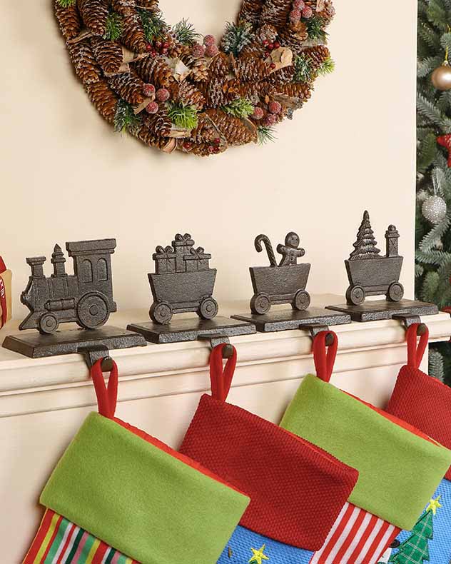 Brown Recycled Iron Stocking Holders - Family of 4 Train Christmas Stocking Holder Set