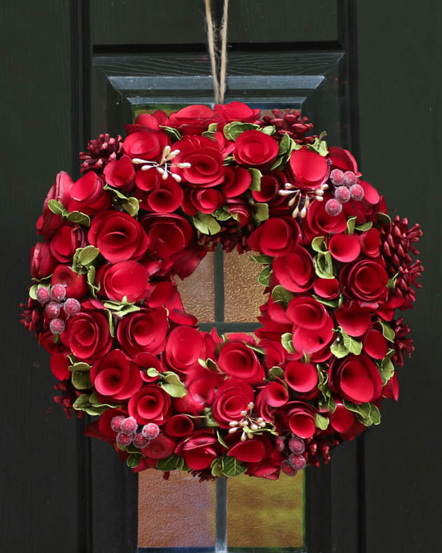 Wreaths - Red Crimson Rose Christmas Wreath 35cm