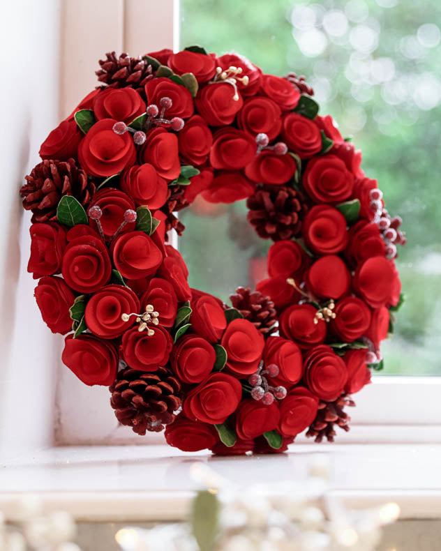 Red Crimson Rose Christmas Wreath 35cm