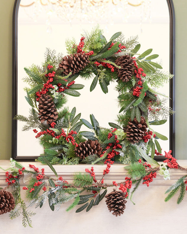 christmas red and green garland and wreath