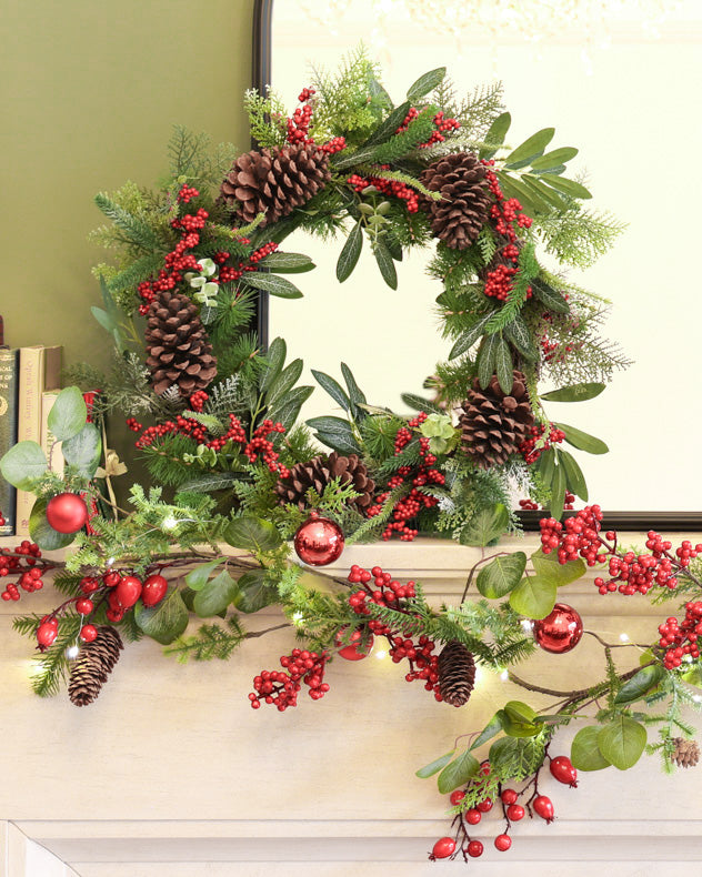 christmas red green wreath and garland with bauble decoration