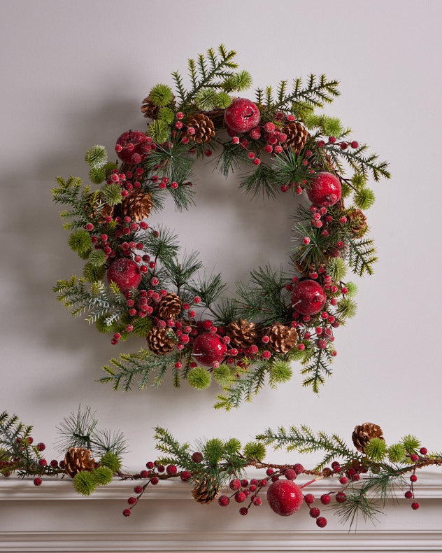 apple red berry christmas wreath and christmas garland