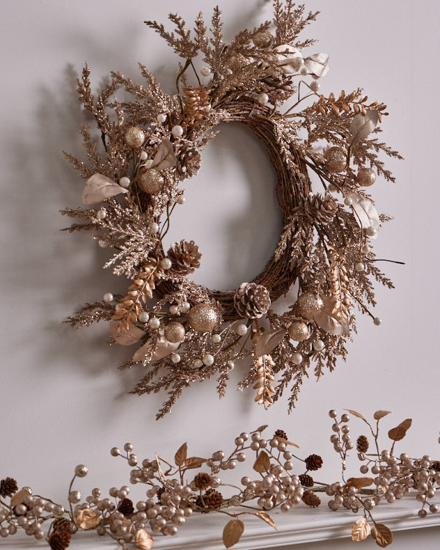 gold sparkle christmas wreath and matching garland