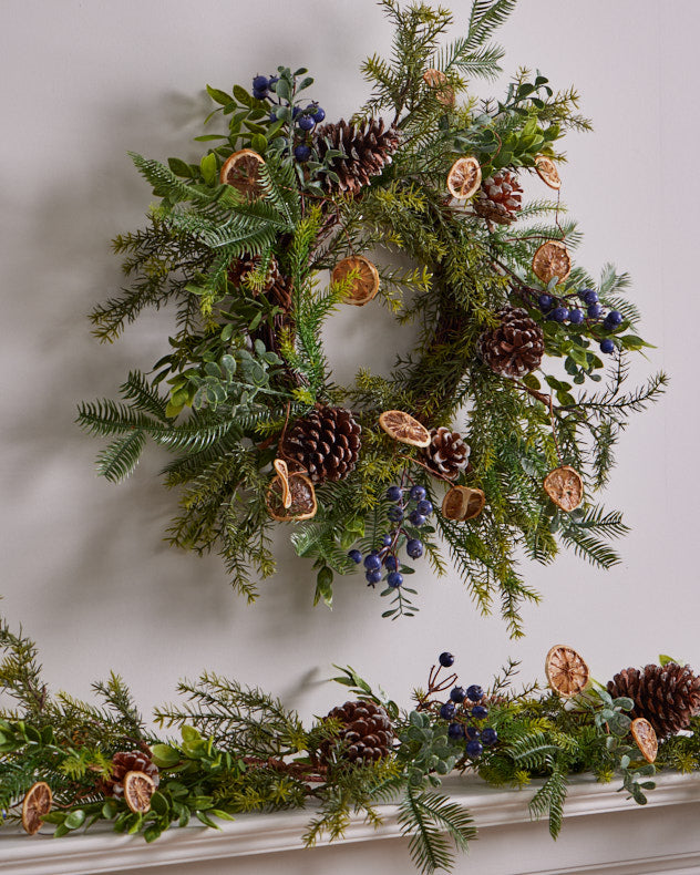 pinecone blueberry and orange christmas wreath and garland