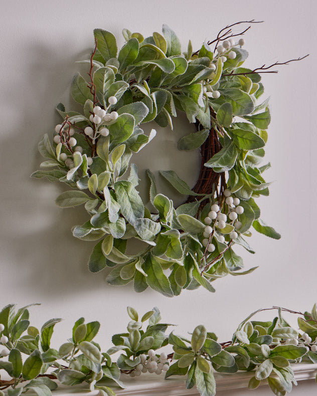 lambs ear green and white christmas wreath and garland
