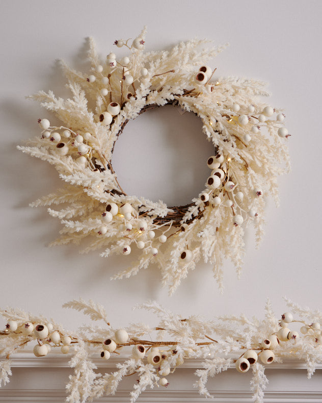 pampas grass and white seed pre-lit wreath and christmas garland