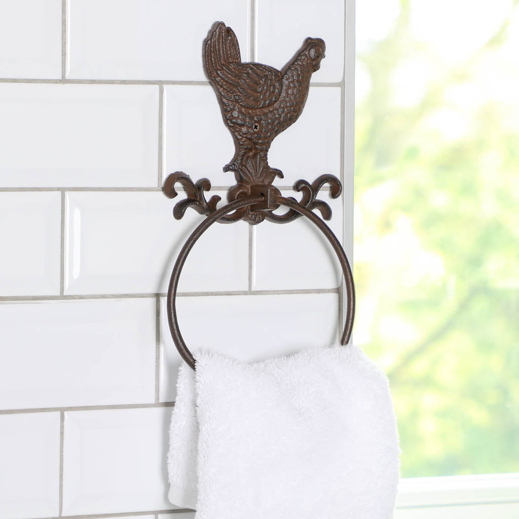 Bathroom Accessories - Cast Iron Rooster Towel Holder Ring