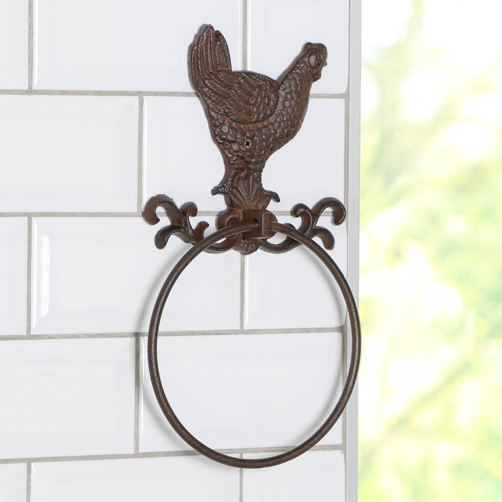 Bathroom Accessories - Cast Iron Rooster Towel Holder Ring