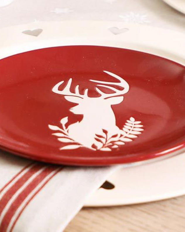 Set of 6 Red Stoneware Reindeer Side Plates