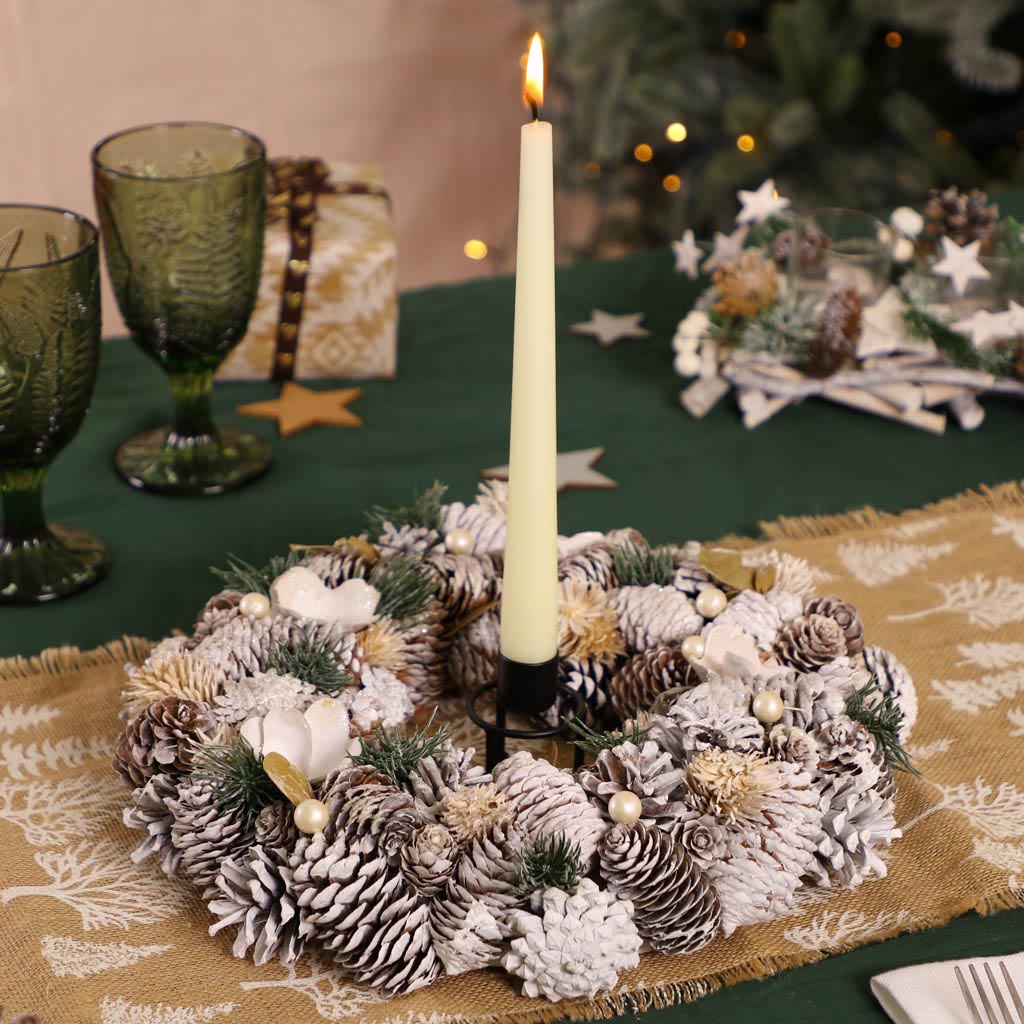 Frosted Pine Christmas Wreath Centrepiece Candleholder