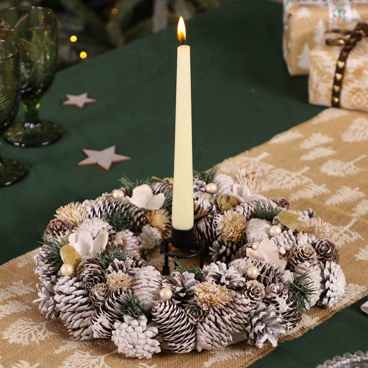 Frosted Pine Christmas Wreath Centrepiece Candleholder