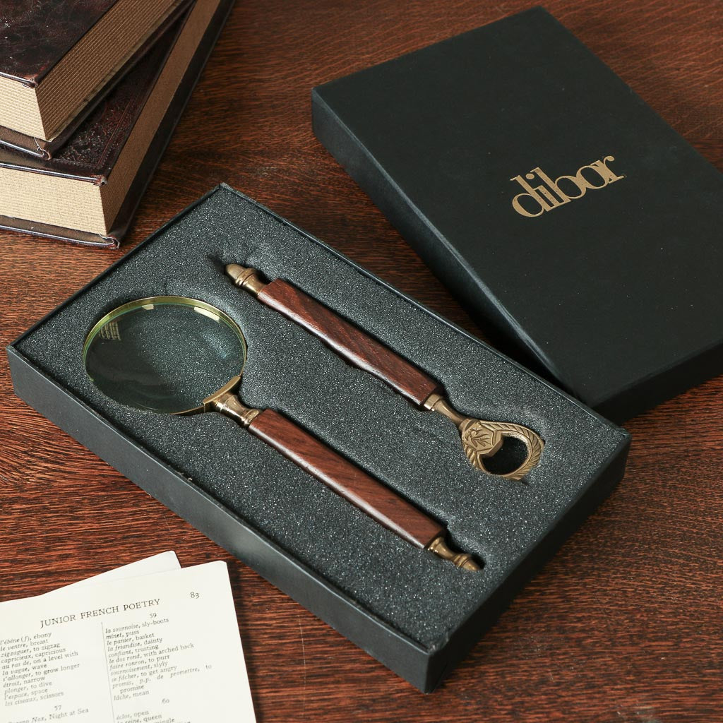 Brass and Wood Magnifying Glass and Bottle Opener Gift