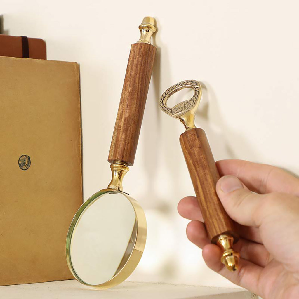 Brass and Wood Magnifying Glass and Bottle Opener Gift