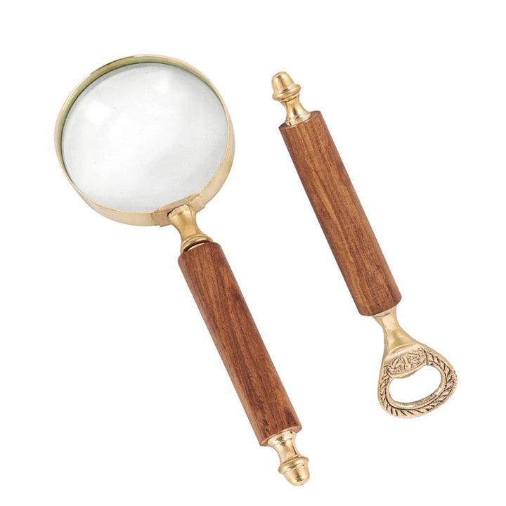 Brass and Wood Magnifying Glass and Bottle Opener Gift