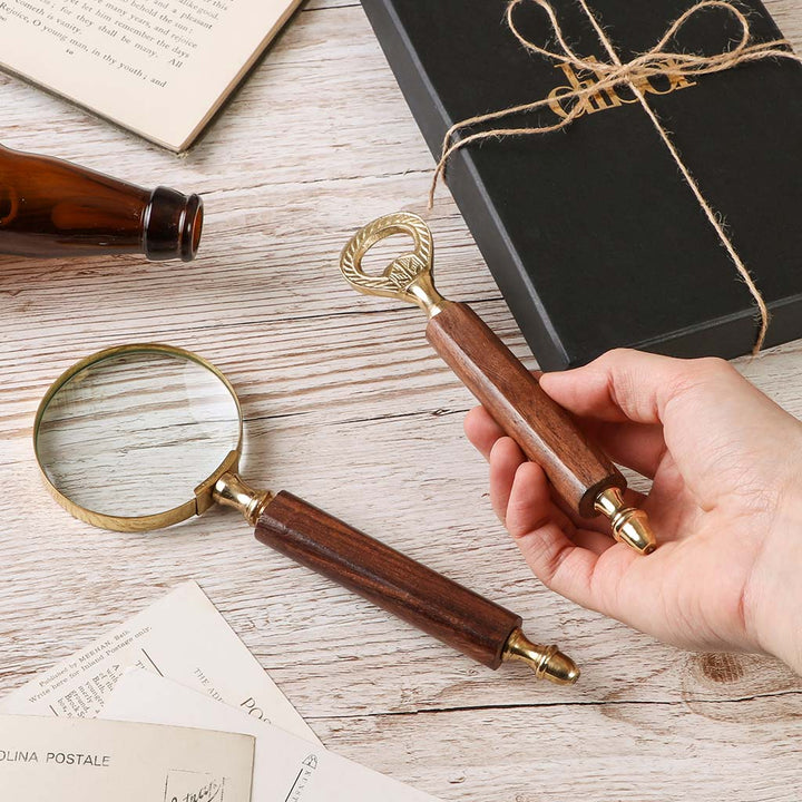 Brass and Wood Magnifying Glass and Bottle Opener Gift
