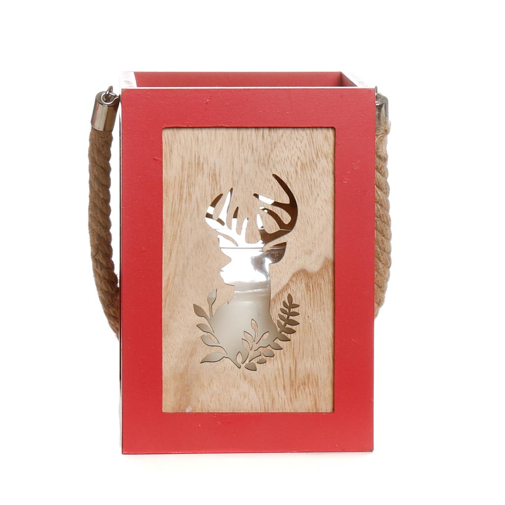 Red Wooden Stag Candle Lantern