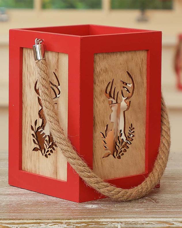 Red Wooden Stag Christmas Candle Lantern