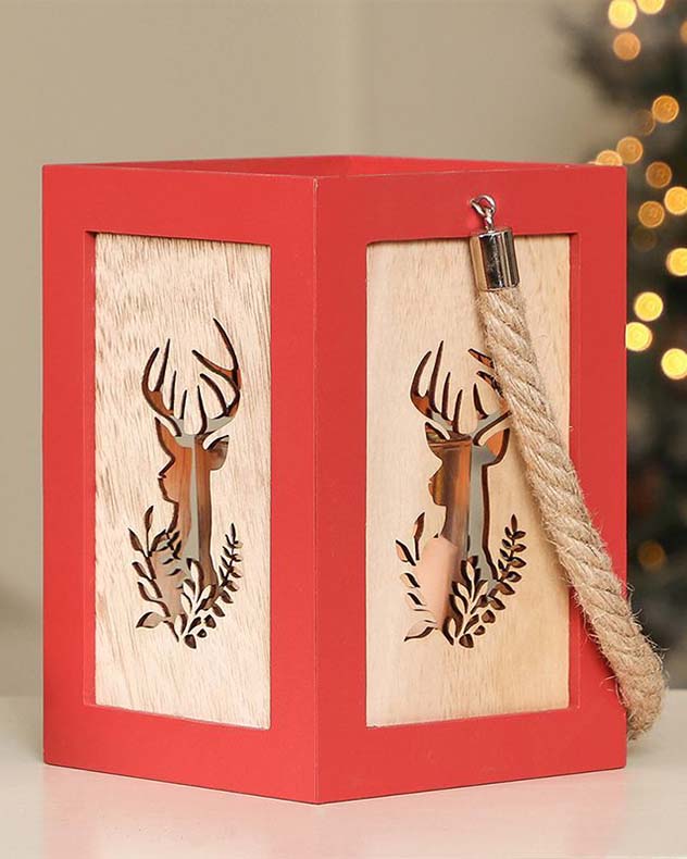 Red Wooden Stag Christmas Candle Lantern