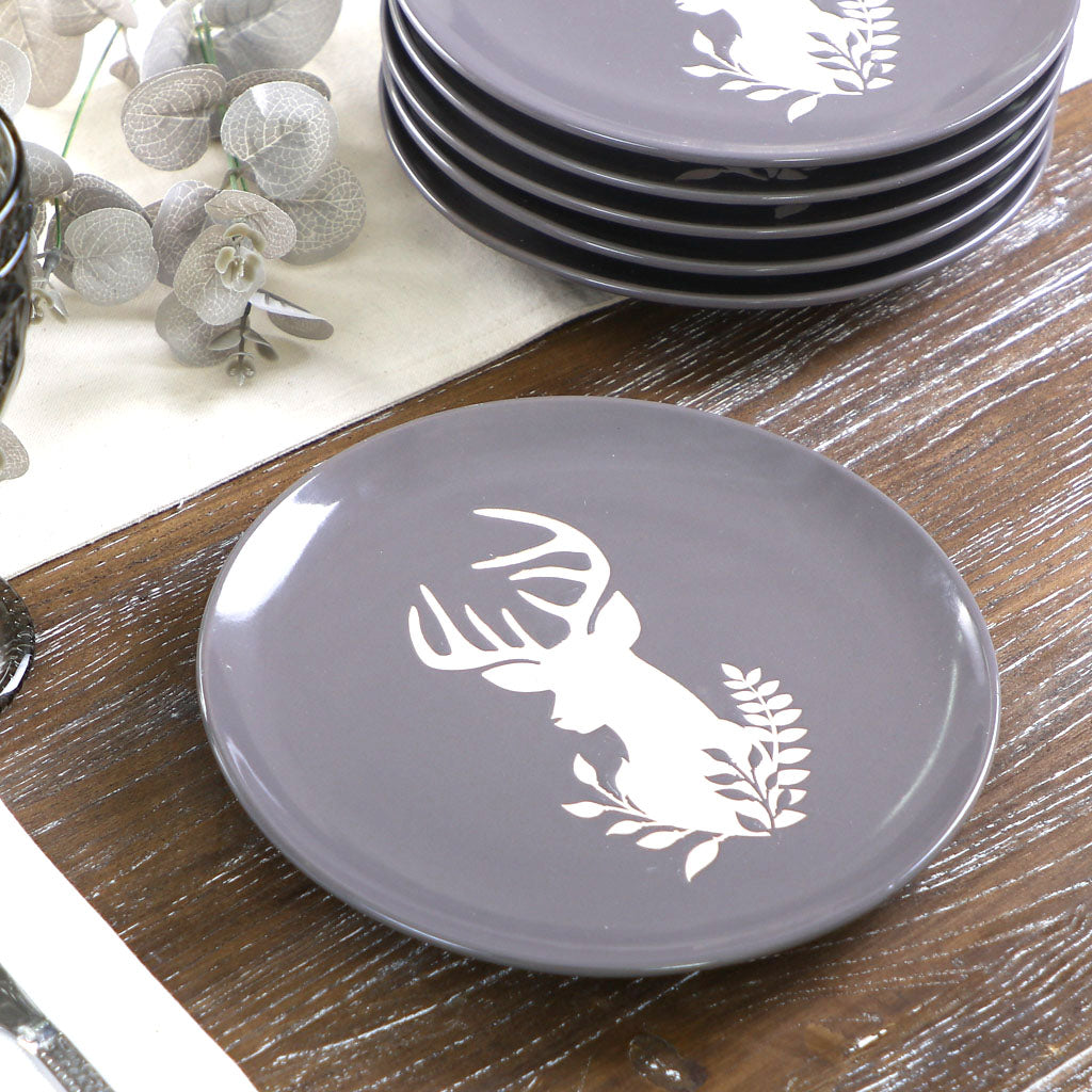 Set of 6 Grey Stoneware Reindeer Side Plates