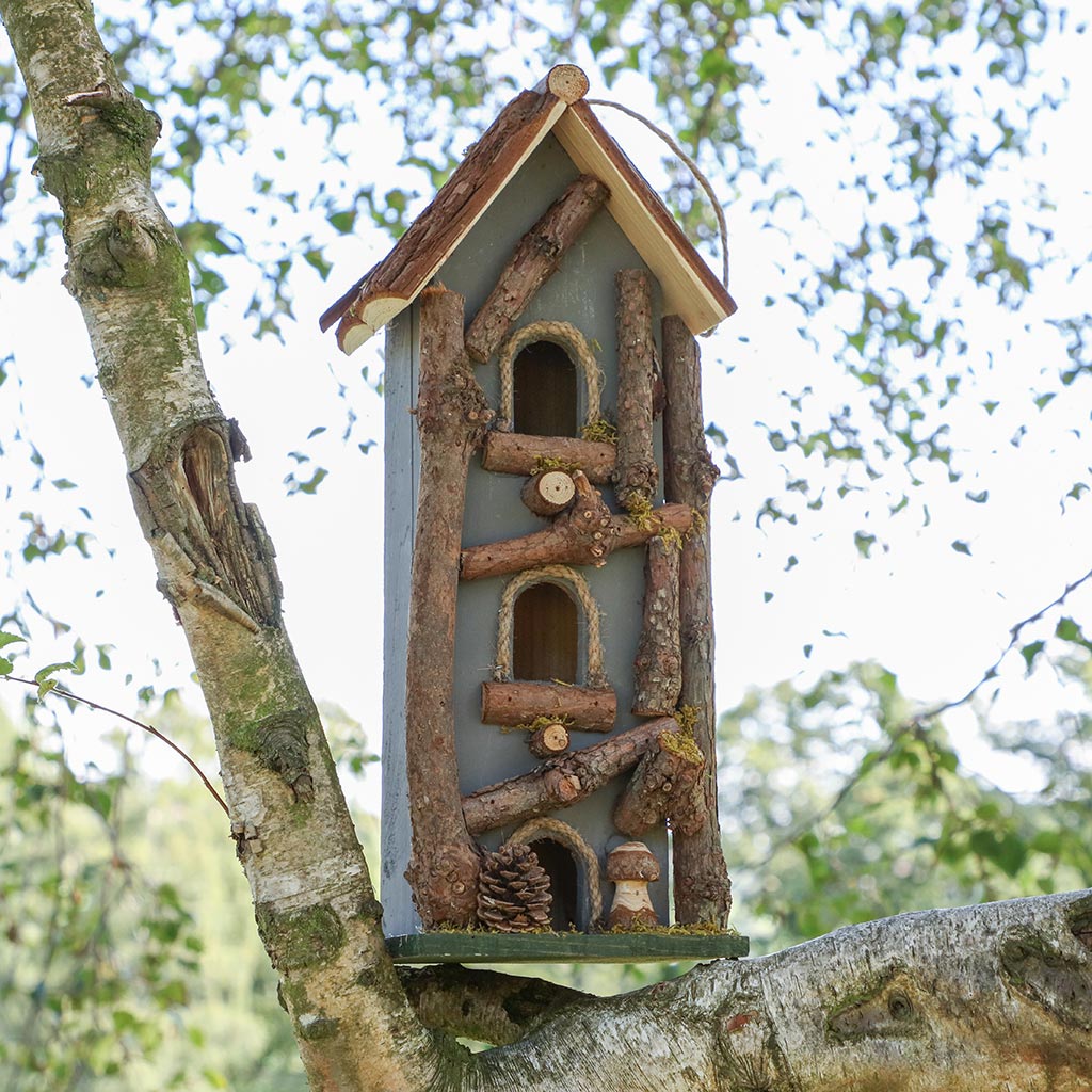 Personalised Grey Three Tier Natural Wooden Bird House